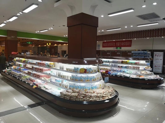 R404a سوپرمارکت روباز کولر جزیره بیضی شکل با سه قفسه بالا